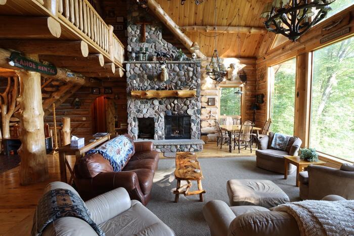 The great room and fieldstone fireplace